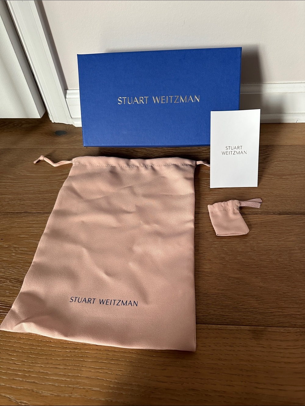 Stuart Weitzman Blush Pink Drawstring Dust Bag Set with Blue Box 6.5”x11.5”x4”